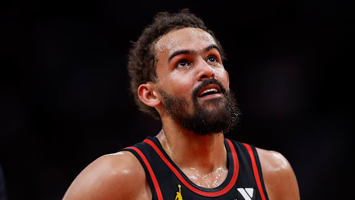 Hawks guard Trae Young reacts during game against the Houston Rockets. 