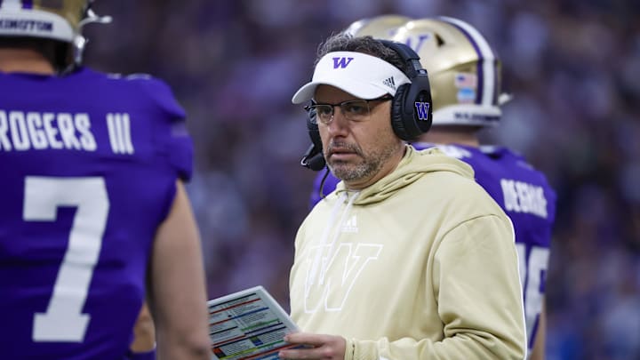 Nov 2, 2024; Seattle, Washington, USA; Washington Huskies head coach Jedd Fisch stands on the sideline during the first quarter against the USC Trojans at Alaska Airlines Field at Husky Stadium. Mandatory Credit: Joe Nicholson-Imagn Images