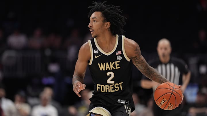 Mar 10, 2026; Charlotte, NC, USA; Wake Forest Demon Deacons forward Juke Harris (2) brings the ball up court against the Virginia Tech Hokies during the second half at Spectrum Center. Mandatory Credit: Jim Dedmon-Imagn Images