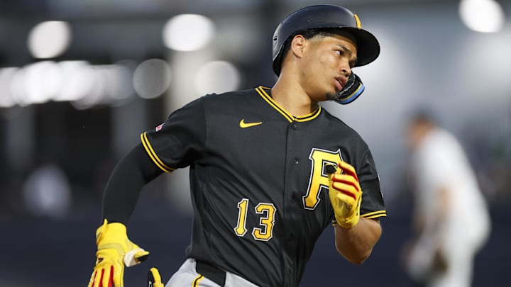 Mar 9, 2026; Tampa, Florida, USA; Pittsburgh Pirates designated hitter Endy Rodriguez (13) runs the bases after hitting a home run against the New York Yankees in the fifth inning during spring training at George M. Steinbrenner Field. Mandatory Credit: Nathan Ray Seebeck-Imagn Images
