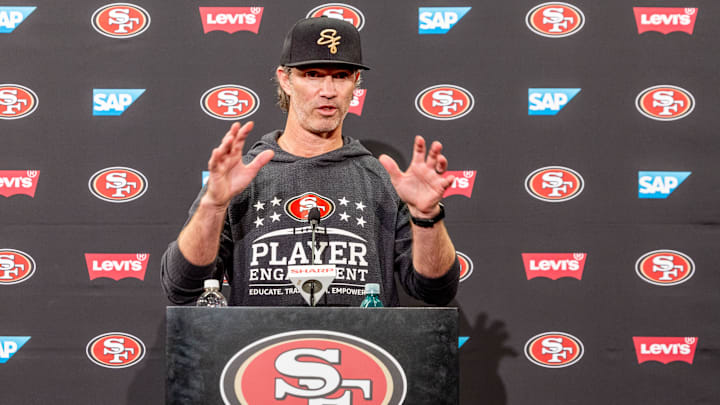 May 10, 2024; Santa Clara, CA, USA; San Francisco 49ers defensive coordinator Nick Sorensen holds a May 10, 2024; Santa Clara, CA, USA; San Francisco 49ers defensive coordinator Nick Sorensen holds a