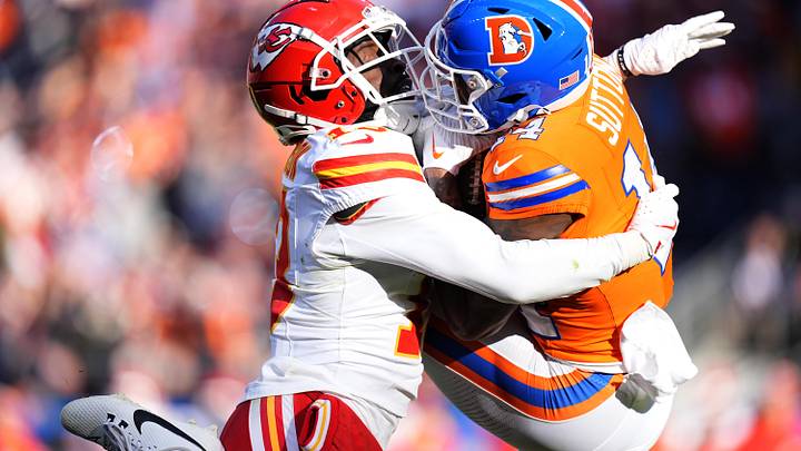 Denver Broncos wide receiver Courtland Sutton and Kansas City Chiefs safety Nazeeh Johnson. Denver Broncos wide receiver Courtland Sutton and Kansas City Chiefs safety Nazeeh Johnson.