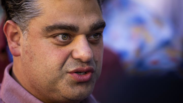 Nov 7, 2023; Scottsdale, AZ, USA; Los Angeles Angels general manager Perry Minasian speaks to the media during the MLB General Manager's Meetings at Omni Scottsdale Resort & Spa. Mandatory Credit: Mark J. Rebilas-Imagn Images