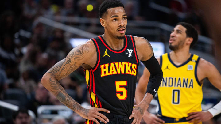 Apr 14, 2024; Indianapolis, Indiana, USA; Atlanta Hawks guard Dejounte Murray (5) in the first half against the Indiana Pacers at Gainbridge Fieldhouse.