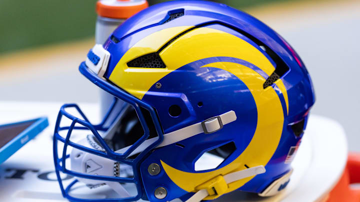 Dec 7, 2025; Glendale, Arizona, USA; Detailed view of a Los Angeles Rams helmet at State Farm Stadium. Mandatory Credit: Mark J. Rebilas-Imagn Images