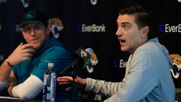 Jacksonville Jaguars general manager James Gladstone, right, speaks next to head coach Liam Coen during a press conference at Miller Electric Center Tuesday, April 15, 2025 in Jacksonville, Fla. [Corey Perrine/Florida Times-Union]
