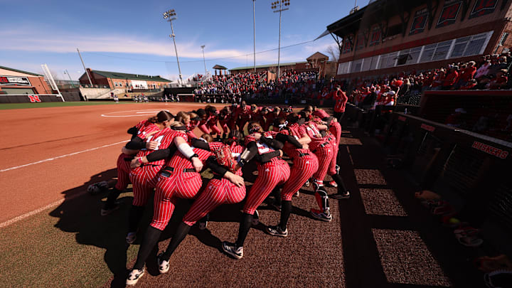 Nebraska softball players gather before a game against Northern Iowa at Bowlin Stadium on March 9, 2025. Nebraska softball players gather before a game against Northern Iowa at Bowlin Stadium on March 9, 2025.