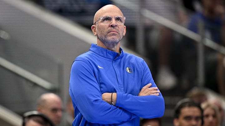 Nov 21, 2025; Dallas, Texas, USA; Dallas Mavericks head coach Jason Kidd looks on during the second quarter against the New Orleans Pelicans at the American Airlines Center. Mandatory Credit: Jerome Miron-Imagn Images