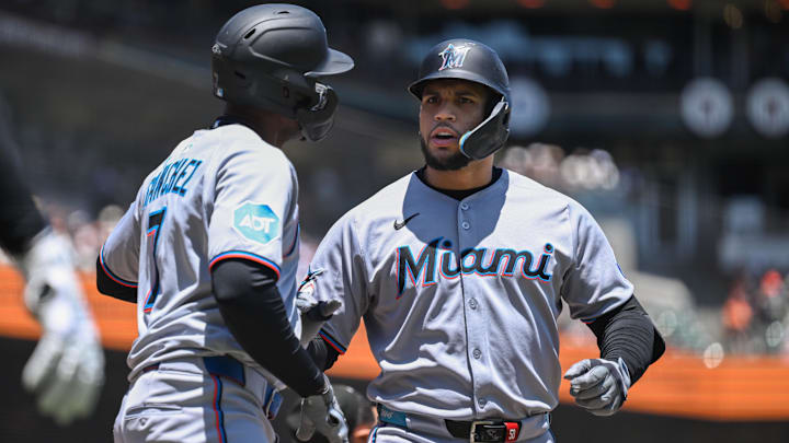 Jun 26, 2025; San Francisco, California, USA; Miami Marlins designated hitter Agustin Ramirez (50) celebrates with right fielder Jesus Sanchez (7) after hitting a two-run home run against the San Francisco Giants in the third inning at Oracle Park. Mandatory Credit: Eakin Howard-Imagn Images Jun 26, 2025; San Francisco, California, USA; Miami Marlins designated hitter Agustin Ramirez (50) celebrates with right fielder Jesus Sanchez (7) after hitting a two-run home run against the San Francisco Giants in the third inning at Oracle Park. Mandatory Credit: Eakin Howard-Imagn Images