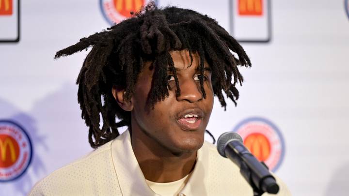 Apr 1, 2024; Houston, TX, USA; McDonald's All American East forward Jayden Quaintance speaks during Apr 1, 2024; Houston, TX, USA; McDonald's All American East forward Jayden Quaintance speaks during