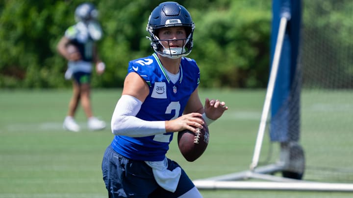 Seattle Seahawks quarterback Drew Lock looks to pass the ball during mini-camp at Virginia Mason Athletic Center. Seattle Seahawks quarterback Drew Lock looks to pass the ball during mini-camp at Virginia Mason Athletic Center.
