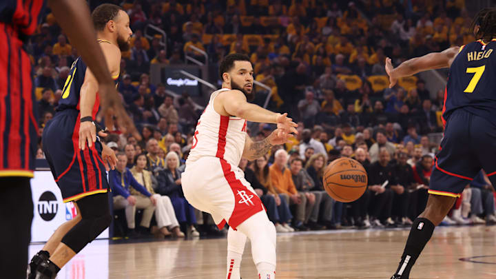 Apr 28, 2025; San Francisco, California, USA; Houston Rockets guard Fred VanVleet (5) passes the ball against the Golden State Warriors during the first quarter of game four of the 2025 NBA Playoffs first round at Chase Center. Mandatory Credit: Kelley L Cox-Imagn Images