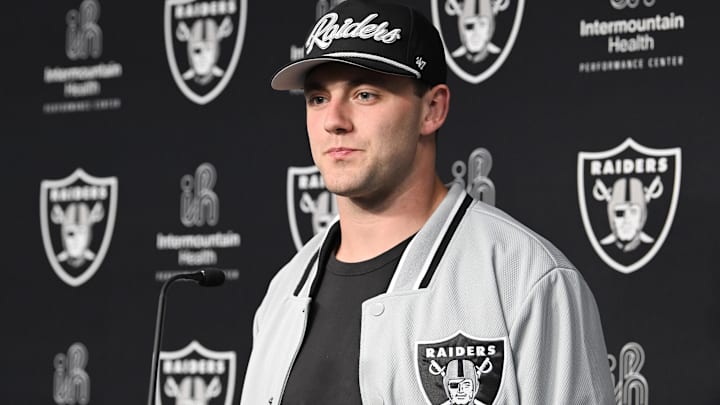 Apr 26, 2024; Henderson, NV, USA; Las Vegas Raiders tight end Brock Bowers speaks to the media at