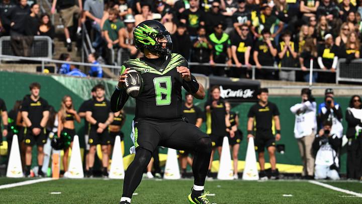 Oct 10, 2026; Eugene, Oregon, USA;  Oregon Ducks quarterback Dylan Raiola (8) drops back to make a pass during the third quarter against the UCLA Bruins at Autzen Stadium.  Mandatory Credit: Troy Wayrynen-Imagn Images