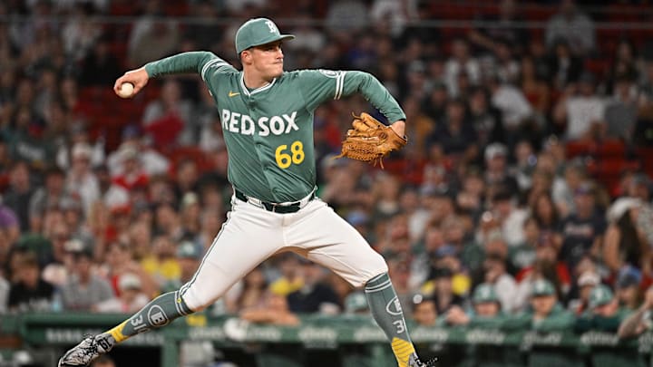 May 16, 2025; Boston, Massachusetts, USA; Boston Red Sox relief pitcher Nick Burdi (68) throws against the Atlanta Braves during the ninth inning at Fenway Park. Mandatory Credit: Eric Canha-Imagn Images
