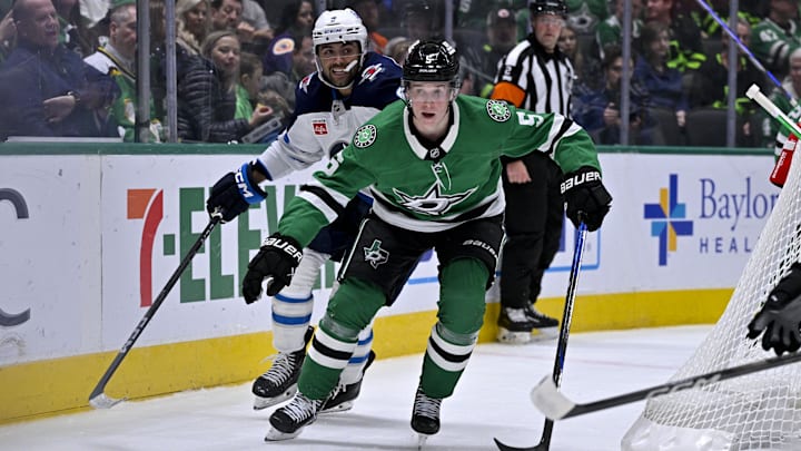Dec 1, 2024; Dallas, Texas, USA; Dallas Stars defenseman Nils Lundkvist (5) in action during the game between the Dallas Stars and the Winnipeg Jets at American Airlines Center. Mandatory Credit: Jerome Miron-Imagn Images