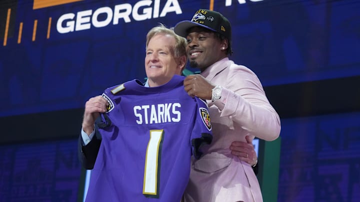 NFL commissioner Roger Goodell with Georgia Bulldogs safety Malaki Starks after he is selected by the Baltimore Ravens.