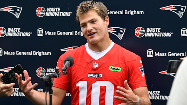 Jun 9, 2025; Foxborough, MA, USA; New England Patriots quarterback Drake Maye (10) holds a press conference after minicamp at Gillette Stadium. Mandatory Credit: Eric Canha-Imagn Images