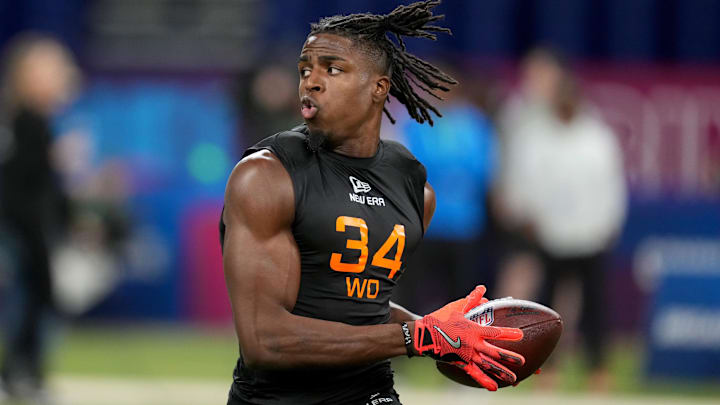 Mar 1, 2025; Indianapolis, IN, USA; Nebraska wideout Isaiah Neyor (WO34) during the 2025 NFL Combine at Lucas Oil Stadium. Mandatory Credit: Kirby Lee-Imagn Images