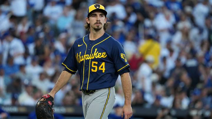 Oct 14, 2026; Los Angeles, California, USA; Milwaukee Brewers pitcher Robert Gasser (54) reacts after the second inning in game three of the NLCS for the 2026 MLB Playoffs against the Los Angeles Dodgers at Uniqlo Field at Dodger Stadium. Mandatory Credit: Kirby Lee-Imagn Images Oct 14, 2026; Los Angeles, California, USA; Milwaukee Brewers pitcher Robert Gasser (54) reacts after the second inning in game three of the NLCS for the 2026 MLB Playoffs against the Los Angeles Dodgers at Uniqlo Field at Dodger Stadium. Mandatory Credit: Kirby Lee-Imagn Images