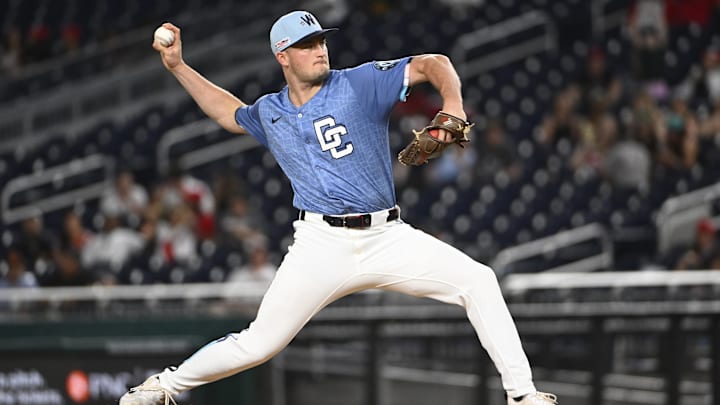 Jun 13, 2025; Washington, District of Columbia, USA; Washington Nationals relief pitcher Brad Lord (61) throws to the Miami Marlins during the sixth inning at Nationals Park. Jun 13, 2025; Washington, District of Columbia, USA; Washington Nationals relief pitcher Brad Lord (61) throws to the Miami Marlins during the sixth inning at Nationals Park.