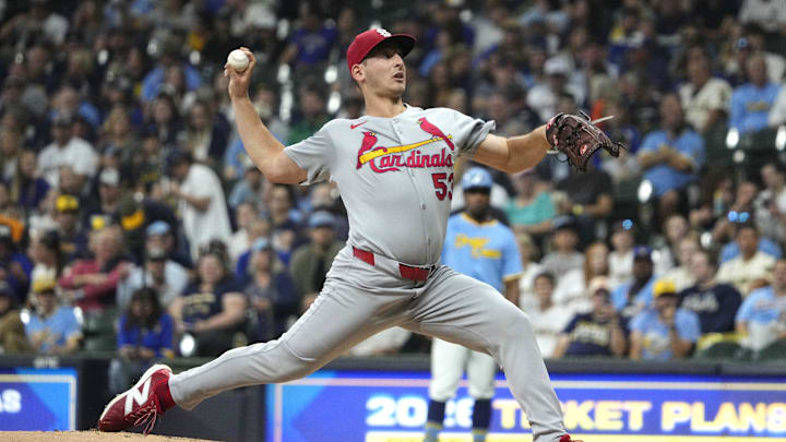 Sep 12, 2025; Milwaukee, Wisconsin, USA; St. Louis Cardinals pitcher Andre Pallante (53) delivers a pitch against the Milwaukee Brewers in the first inning at American Family Field. Mandatory Credit: Michael McLoone-Imagn Images Sep 12, 2025; Milwaukee, Wisconsin, USA; St. Louis Cardinals pitcher Andre Pallante (53) delivers a pitch against the Milwaukee Brewers in the first inning at American Family Field. Mandatory Credit: Michael McLoone-Imagn Images