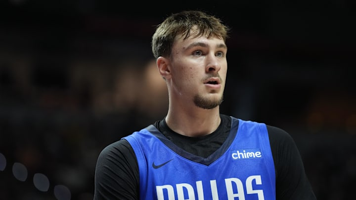 Jul 12, 2025; Las Vegas, NV, USA; Dallas Mavericks forward Cooper Flagg (32) looks on against the San Antonio Spurs in the second quarter of their game at Thomas & Mack Center. Mandatory Credit: Candice Ward-Imagn Images