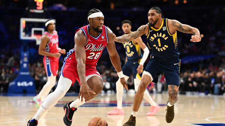 Mar 14, 2025; Philadelphia, Pennsylvania, USA; Philadelphia 76ers forward Guerschon Yabusele (28) drives against Indiana Pacers forward Obi Toppin (1) in the second quarter at Wells Fargo Center. Mandatory Credit: Kyle Ross-Imagn Images