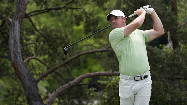 Jun 6, 2024; Dublin, Ohio, USA; Rory McIlroy plays his shot from the second tee during the first round of the Memorial Tournament at Muirfield Village Golf Club. Mandatory Credit: Adam Cairns-USA TODAY Sports