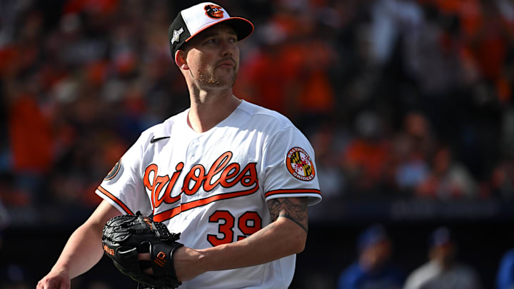 Oct 7, 2023; Baltimore, Maryland, USA; Baltimore Orioles starting pitcher Kyle Bradish (39) looks on