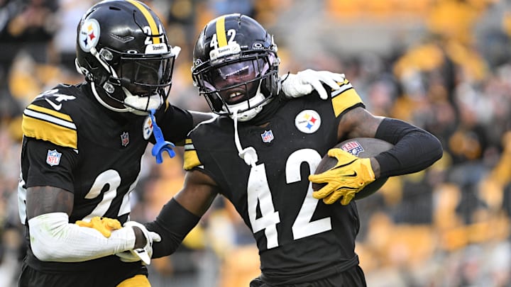 Nov 16, 2025; Pittsburgh, Pennsylvania, USA; Pittsburgh Steelers cornerback James Pierre (42) celebrates with cornerback Joey Porter Jr. (24) after scoring a touchdown against the Cincinnati Bengals during the fourth quarter at Acrisure Stadium. Mandatory Credit: Barry Reeger-Imagn Images