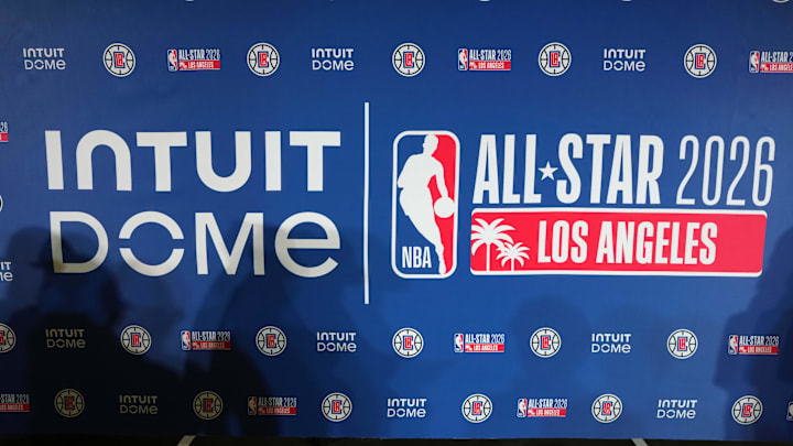 The 2026 NBA All-Star Game logo at a press conference at the Intuit Dome.