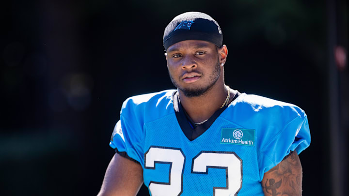 Jul 26, 2025; Charlotte, NC, USA; Carolina Panthers running back Trevor Etienne (23) walks to practice during training camp. Mandatory Credit: Scott Kinser-Imagn Images