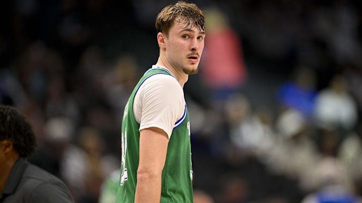 Apr 3, 2026; Dallas, Texas, USA; Dallas Mavericks forward Cooper Flagg (32) looks back as he reenters the game against the Orlando Magic during the fourth quarter at the American Airlines Center. Mandatory Credit: Jerome Miron-Imagn Images
