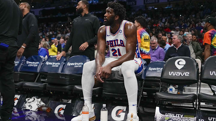Jan 20, 2024; Charlotte, North Carolina, USA; Philadelphia 76ers center Joel Embiid (21) during a break in the action against the Charlotte Hornets during the second half at Spectrum Center. Mandatory Credit: Jim Dedmon-Imagn Images