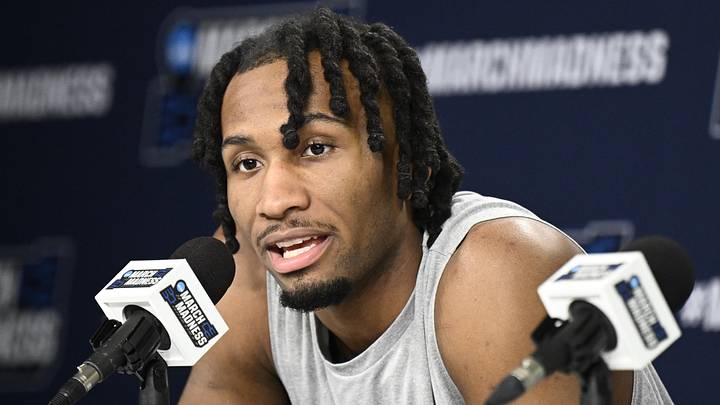 Mar 19, 2026; San Diego, CA, USA; Kansas Jayhawks guard Darryn Peterson (22) speaks at a news conference ahead of the first round of the men's 2026 NCAA Tournament at Viejas Arena. Mar 19, 2026; San Diego, CA, USA; Kansas Jayhawks guard Darryn Peterson (22) speaks at a news conference ahead of the first round of the men's 2026 NCAA Tournament at Viejas Arena.