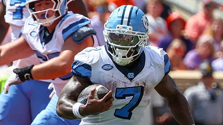 Sep 19, 2026; Clemson, South Carolina, USA;  University of North Carolina Tar Heels running back Benjamin Hall (7) runs the ball down field during the third quarter against the Clemson Tigers at Memorial Stadium. Mandatory Credit: Ashley Tumlin-Imagn Images