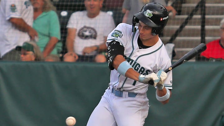 Daytona Tortugas' Tyson Lewis (1) hits the ball during the game against the St. Lucie Mets at Jackie Robinson Ballpark in Daytona Beach, Wednesday, Sept.10, 2025.