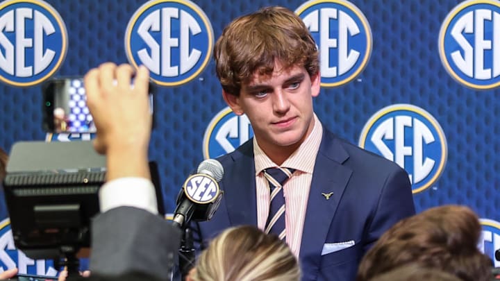 Texas Longhorns quarterback Arch Manning answers questions from the media during SEC Media Days at Omni Atlanta Hotel. 