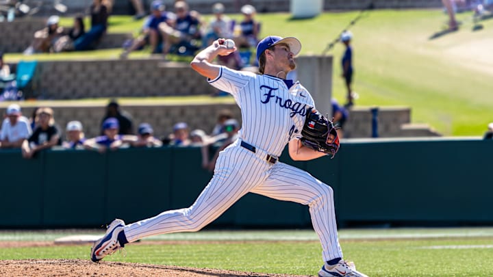 TCU pitcher Kade Eudy in the save against Kansas, 04/12/2025 TCU pitcher Kade Eudy in the save against Kansas, 04/12/2025
