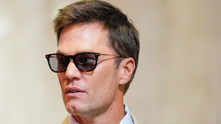 Sep 14, 2025; Kansas City, Missouri, USA; Fox Sports broadcaster Tom Brady arrives prior to the game between the Kansas City Chiefs and the Philadelphia Eagles at GEHA Field at Arrowhead Stadium. Mandatory Credit: Jay Biggerstaff-Imagn Images