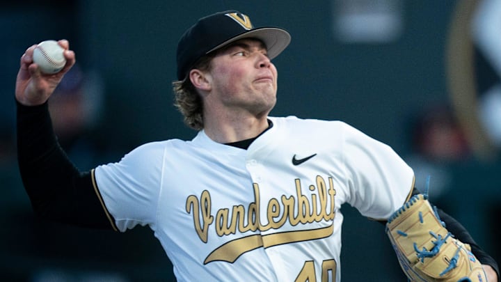Vanderbilt Commodores pitcher Austin Nye (20) delivers a pitch to a Air Force Falcons batter at Hawkins Field in Nashville, Tenn., Monday, Feb. 17, 2025. The Commodores beat the Falcons 3-1.