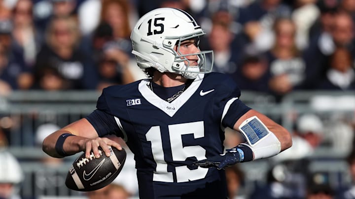Oct 11, 2025; University Park, Pennsylvania, USA; Penn State Nittany Lions quarterback Drew Allar (15) throws a pass in the first quarter against the Northwestern Wildcats at Beaver Stadium. Mandatory Credit: Matthew O'Haren-Imagn Images