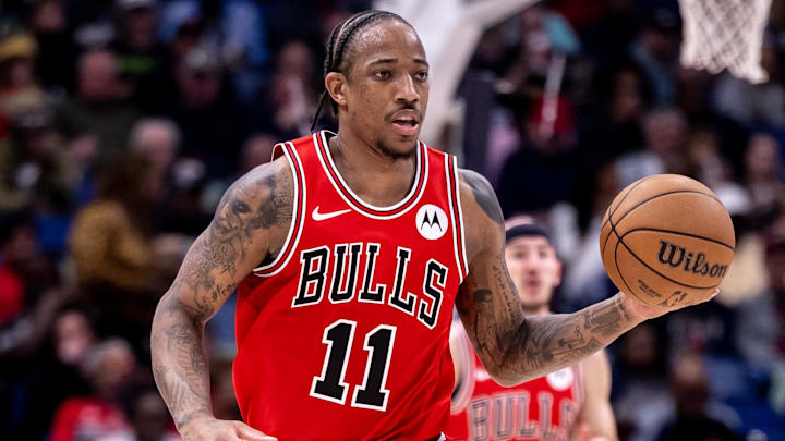 Feb 25, 2024; New Orleans, Louisiana, USA; Chicago Bulls forward DeMar DeRozan (11) brings the ball up the floor against the Pelicans. 