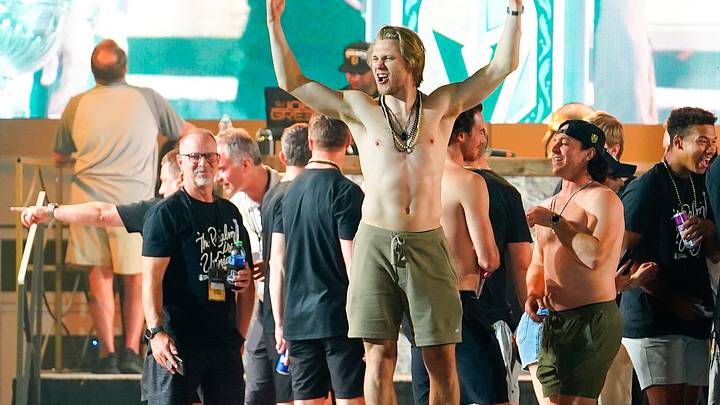 Jun 17, 2023; Las Vegas, Nevada, USA; Vegas Golden Knights center William Karlsson (71) celebrates during the Stanley Cup championship parade and rally at Toshiba Plaza. Mandatory Credit: Lucas Peltier-USA TODAY Sports Jun 17, 2023; Las Vegas, Nevada, USA; Vegas Golden Knights center William Karlsson (71) celebrates during the Stanley Cup championship parade and rally at Toshiba Plaza. Mandatory Credit: Lucas Peltier-USA TODAY Sports