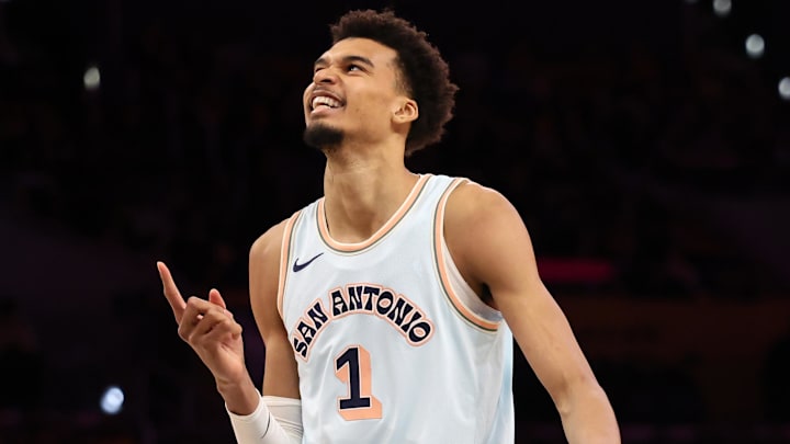 Jan 13, 2025; Los Angeles, California, USA; San Antonio Spurs center Victor Wembanyama (1) reacts after a foul during the third quarter against the Los Angeles Lakers at Crypto.com Arena. Mandatory Credit: Kiyoshi Mio-Imagn Images