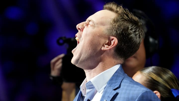 Kentucky’s new football coach Will Stein gets pumped that he is the Y in Kentucky against North Carolina in Rupp Arena.
Dec. 2, 2025