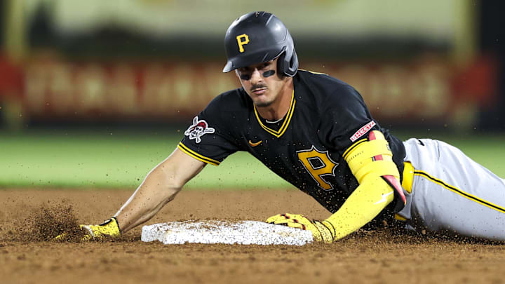 Mar 9, 2026; Tampa, Florida, USA; Pittsburgh Pirates shortstop Konnor Griffin (75) runs to second base on a two-rbi double against the New York Yankees in the fifth inning during spring training at George M. Steinbrenner Field. Mandatory Credit: Nathan Ray Seebeck-Imagn Images