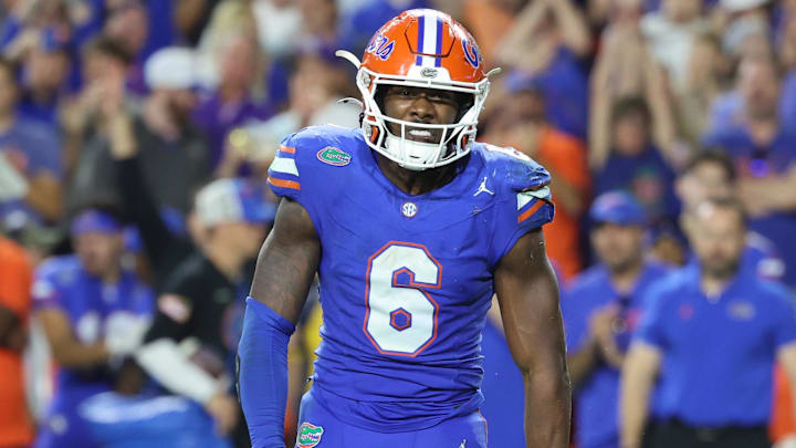 Florida Gators LB Shemar James celebrates after he sacked LSU Tigers quarterback Garrett Nussmeier.