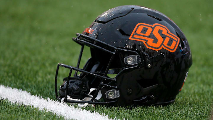 An Oklahoma State helmet is seen before a college football game between Oklahoma State and West Virginia at Boone Pickens Stadium in Stillwater, Okla., Saturday, Nov. 26, 2022.

Osu Football Vs West Virginia